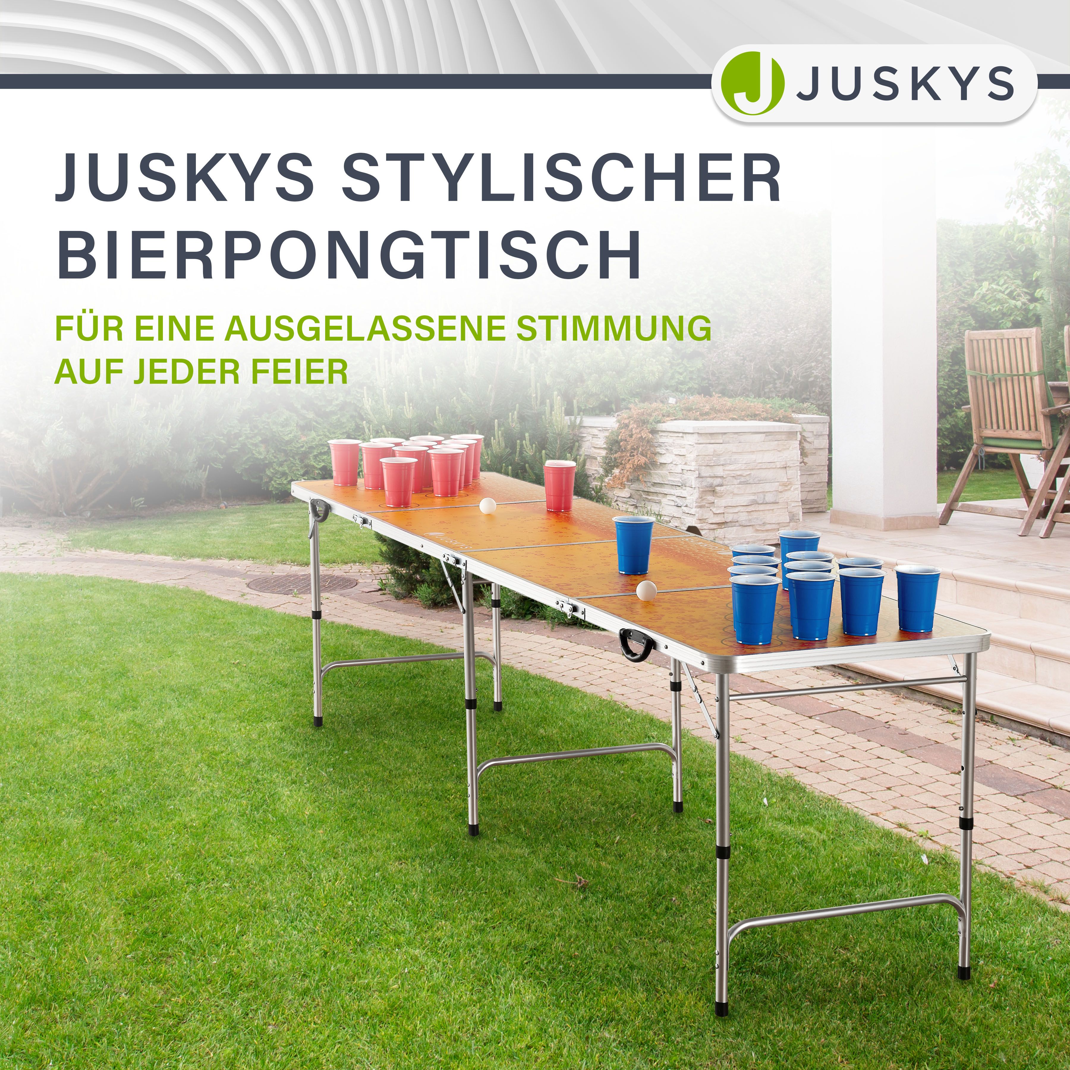 Juskys Beer Pong Tisch Piwo - Bier Trinkspiel Set Becher Bälle - Gelb, Orange
