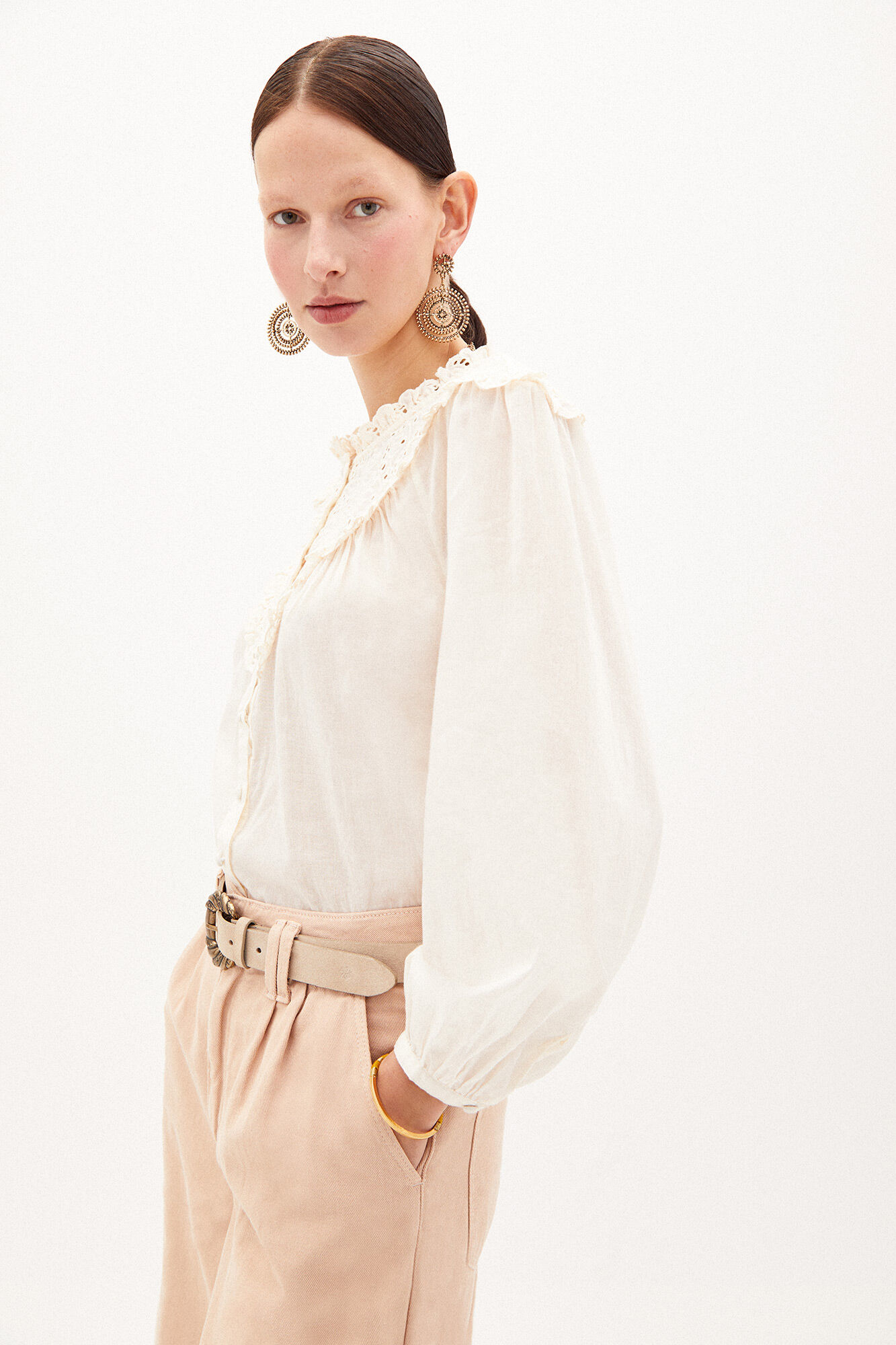 Blusa romântica Jimena em algodão - Bege