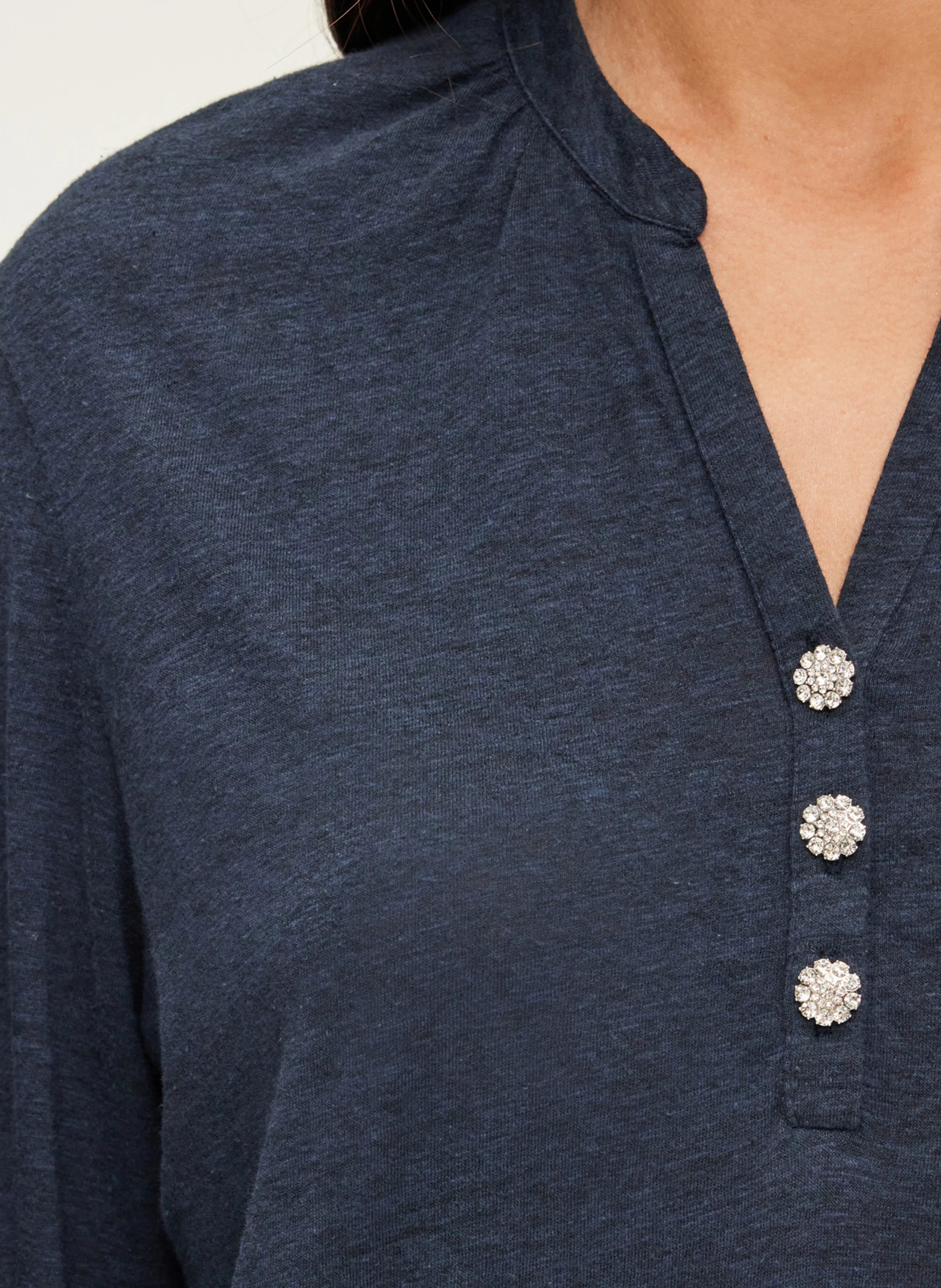 ALYS - Tee-shirt droit col tunisien en coton mélangé | Bleu