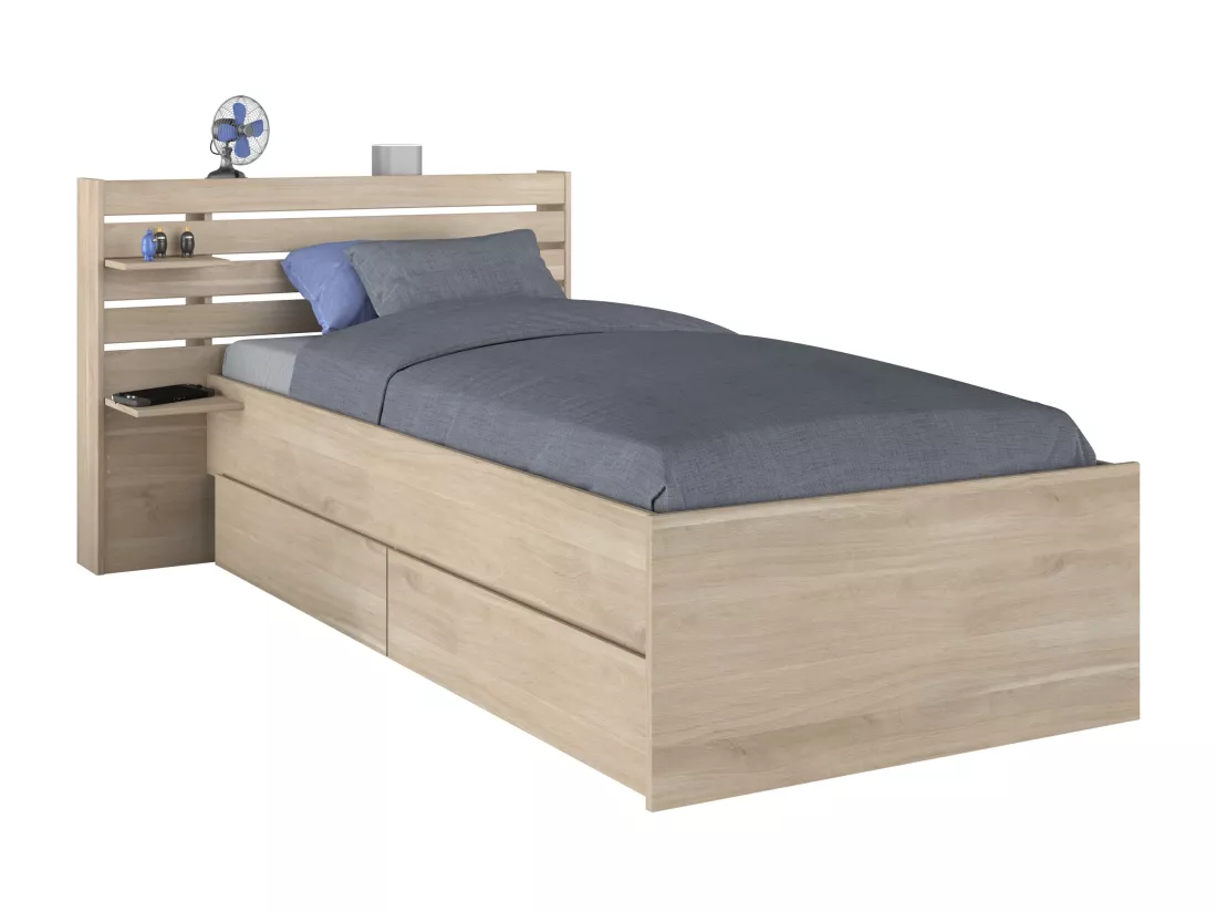 Lit 90 x 190/200 cm avec rangements - Coloris : Naturel - TENALIA