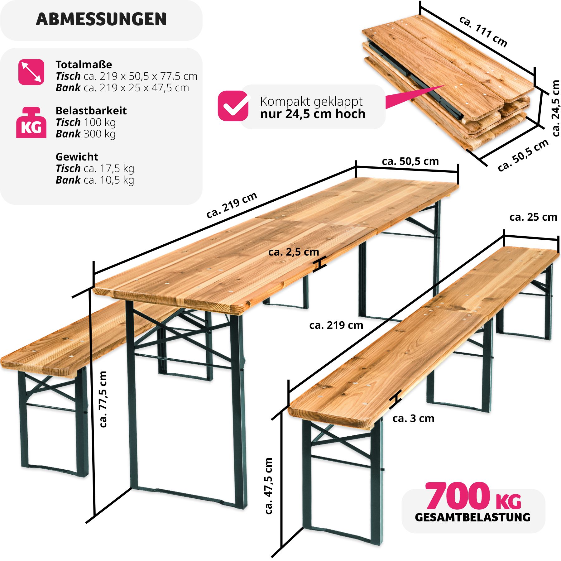 tectake® Bierzeltgarnitur, 3-teilig, belastbar, Holzlackierung mit Klarlack