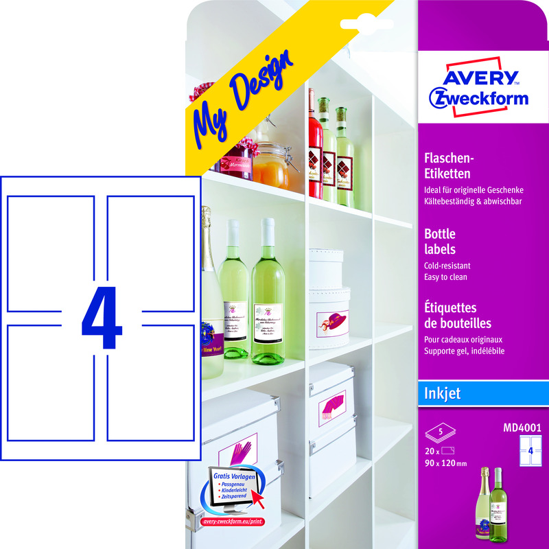 Avery Zweckform Flaschenetiketten, MD4001, 90 x 120 mm, 5 Blatt