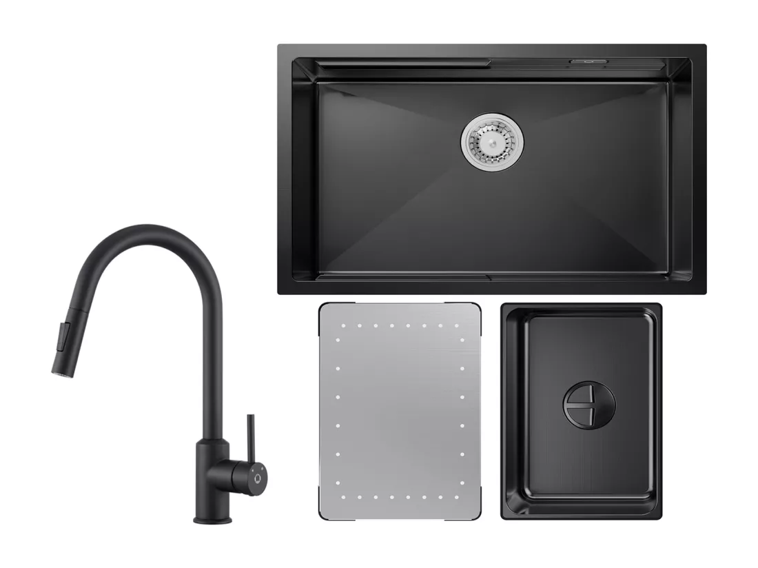 Cecipa max Évier Cuisine 1 Bac 70×44×21CM Évier à Encastrer Noir avec Egouttoir et Vasque + Mitigeur de Cuisine avec Douchette Extractible - Noir!