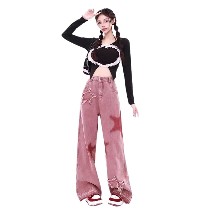 Rosesand - High Rise Star Print Washed Straight-Fit Wijde Jeans