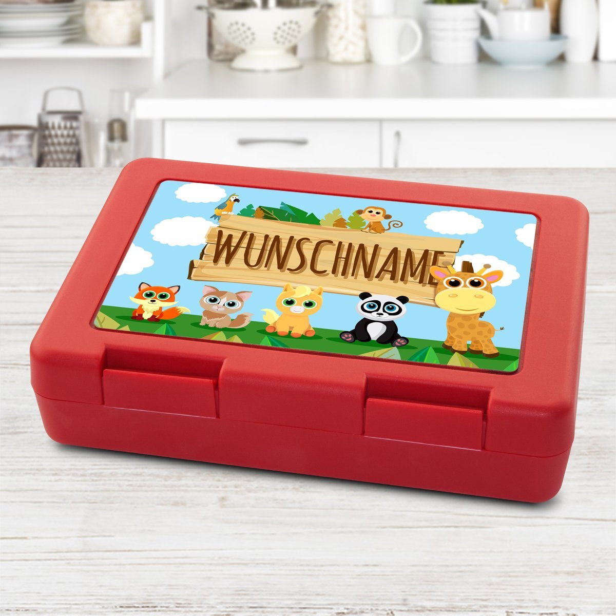 Brotdose mit Namen, rot (Motiv: Tiere)