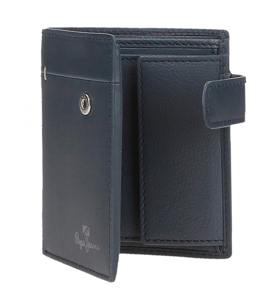 Carteira Pepe Jeans Staple em couro com fecho de encaixe, azul marinho
