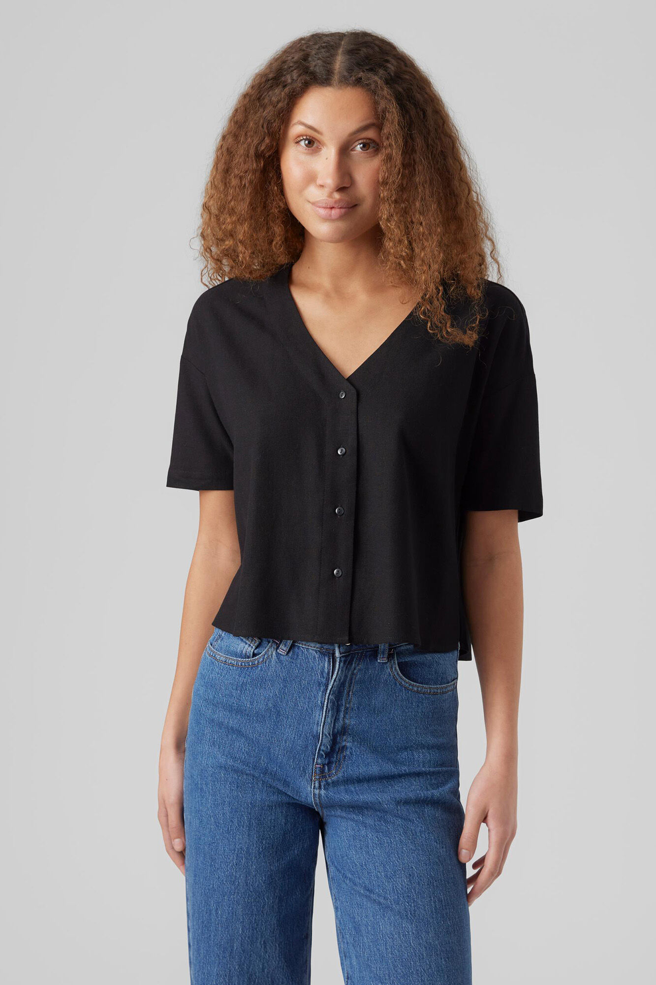 Blusa de linho de manga curta - Preta