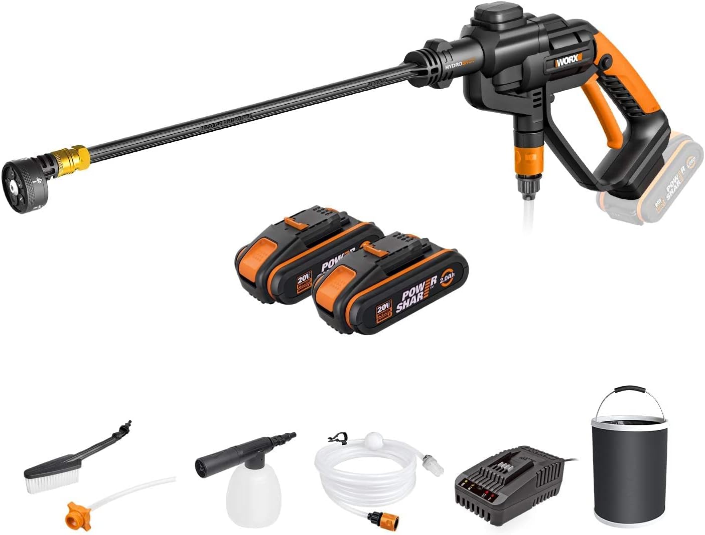 WORX WG620E.4 Akku-Hochdruckreiniger Hydroshot 20V, Multi-Sprühdüse, Lange Lanze, 6m Schlauch, inkl. 2 PowerShare Akkus & Schellladegerät