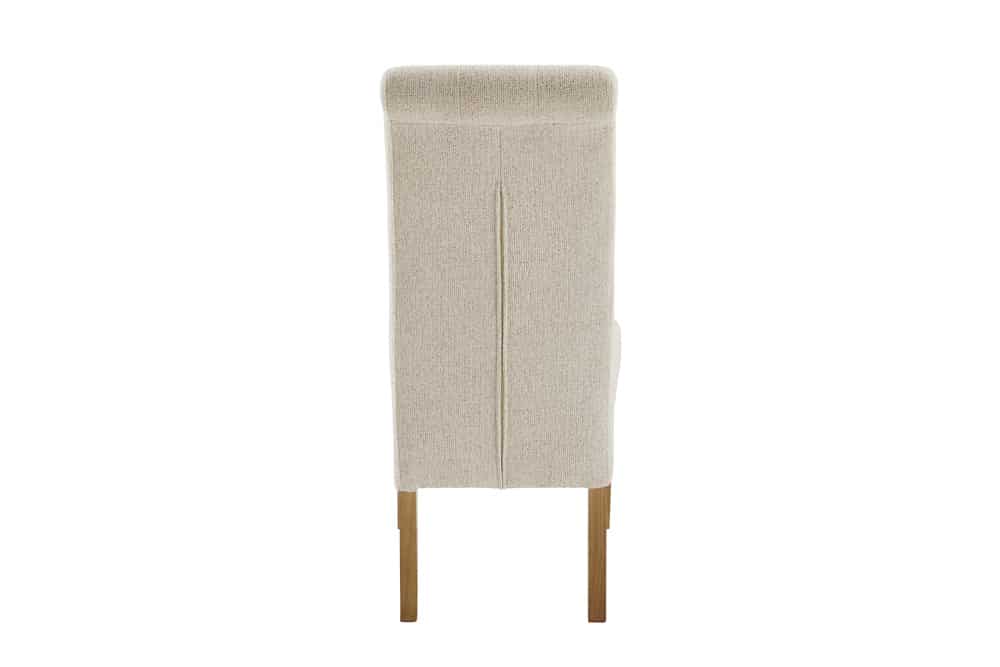 Design Stuhl CASA beige Bouclé Tweed Soft Massivholzbeine Zierknöpfe und Nackenrolle