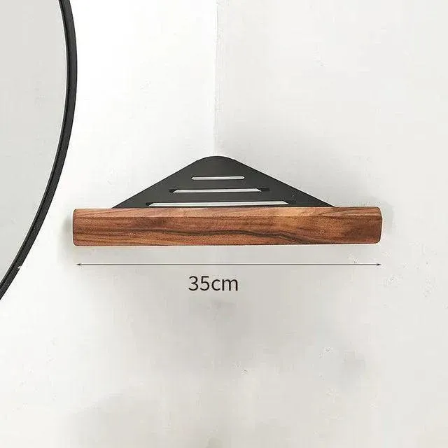 Walnut Wood Wall Mounted Corner Storage Rack (Black/White)| Modern Bathroom Triangle Organizer Shelf Shelves