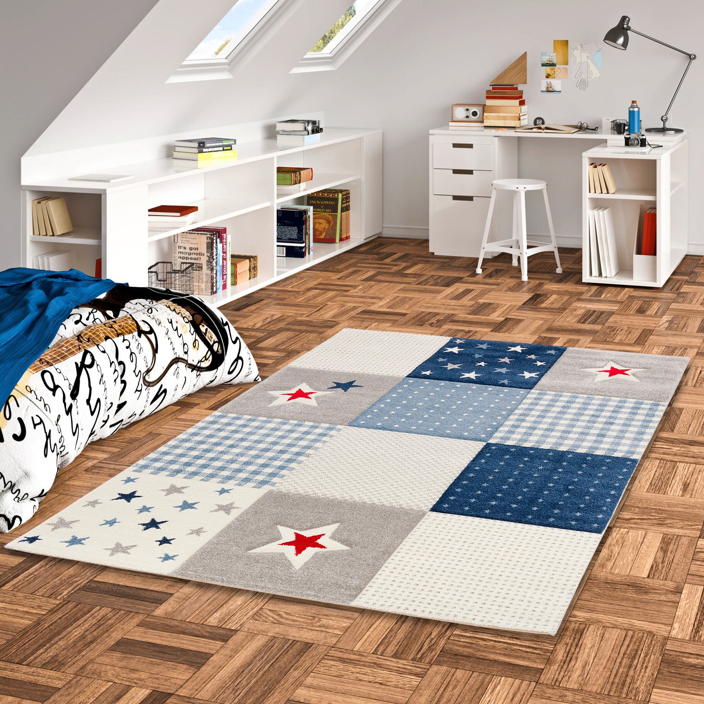 Pergamon Kinder Teppich Maui Kids Karo Sterne Blau