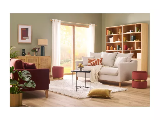 Pouf rond en velours bleu rouge tomette et métal doré D40 cm JOY