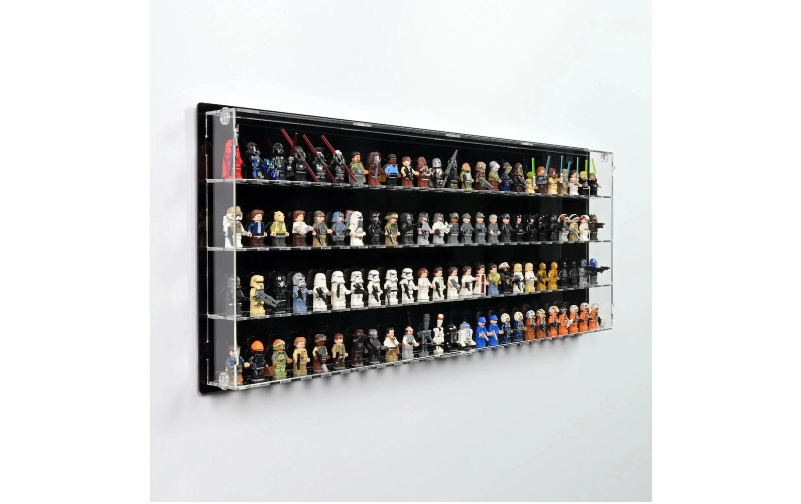 Baukasten Acryl-Wand-Display für 100 LEGO-Minifiguren<br>Acry-Display-Box mit schwarzem Hintergrund