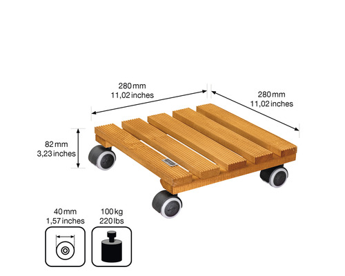 Wagner Country plantenroller met vloerbeschermende zachte wielen, grenenhout, 28x28 cm, max. draagvermogen 100 kg