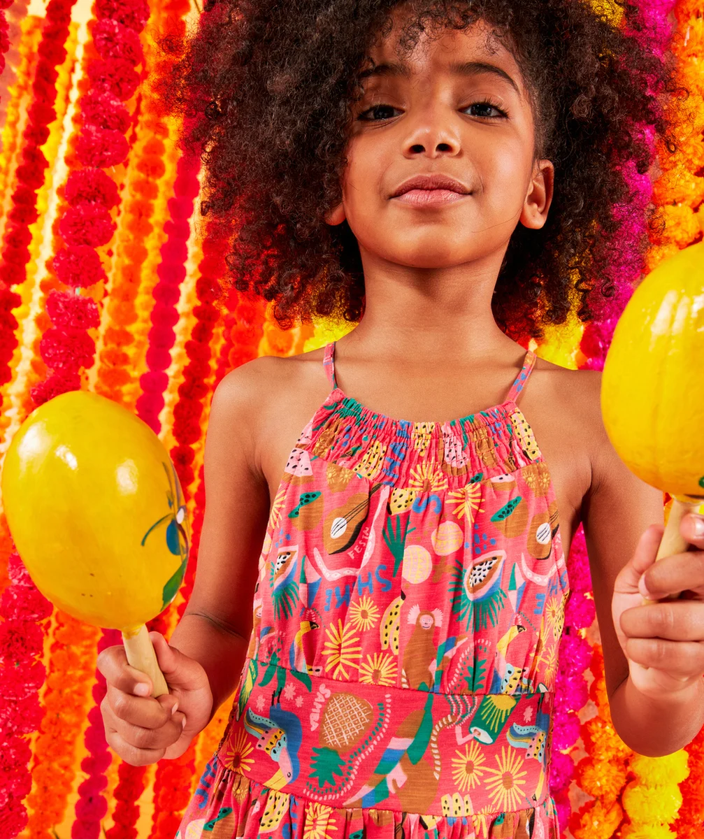ROBE À BRETELLES FILLE ROSE AVEC VOLANTS THÈME RIO
