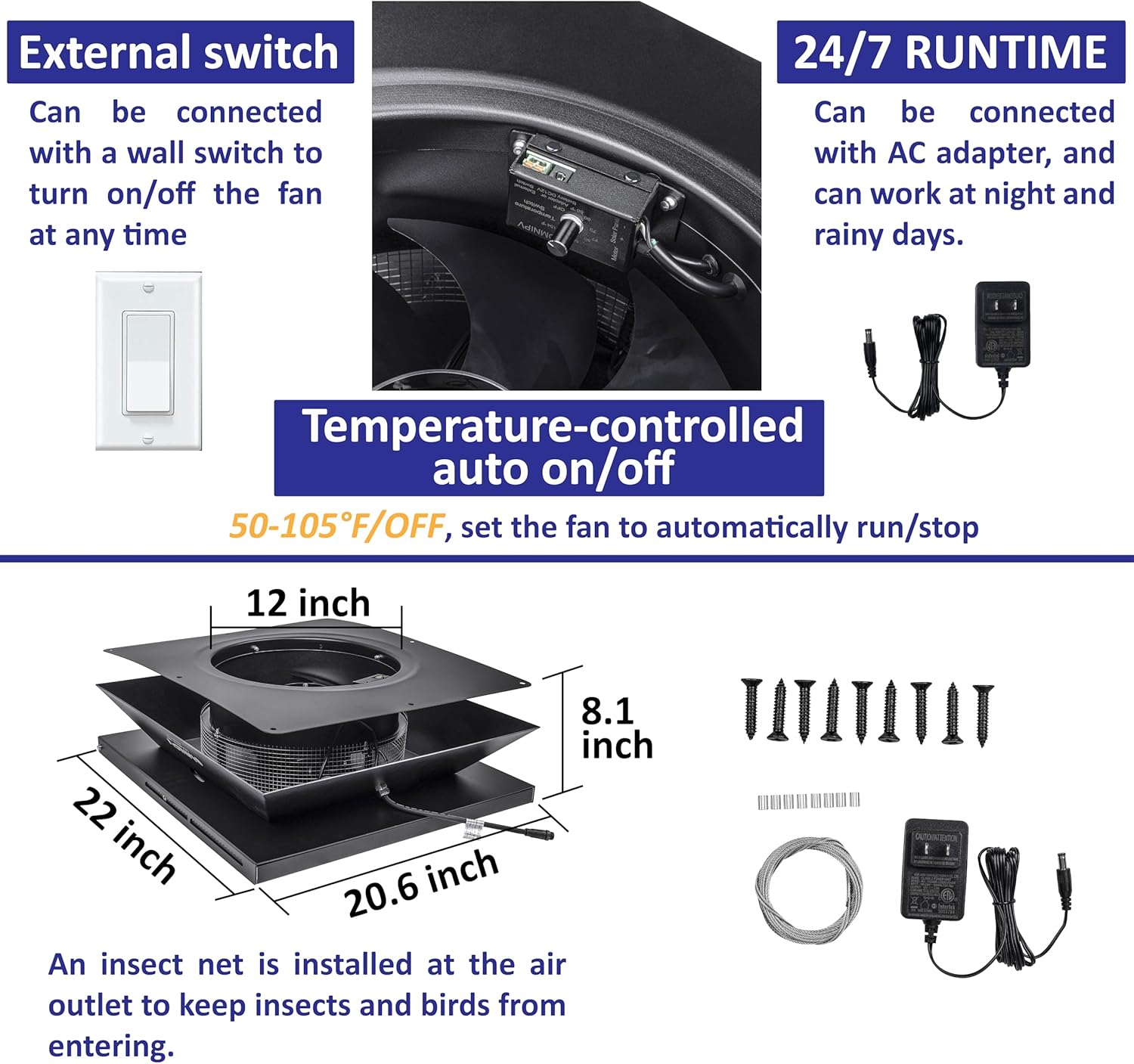 Smart Hybrid Solar Attic Abluftventilator Pro - USA Engineered with German Tech, 2850 CFM 50W Solar Panel, 4.4-40.0 °C Thermostat, Kühlen & Entfeuchten bis zu 4000ft² Wetterfeste Dachlüftung