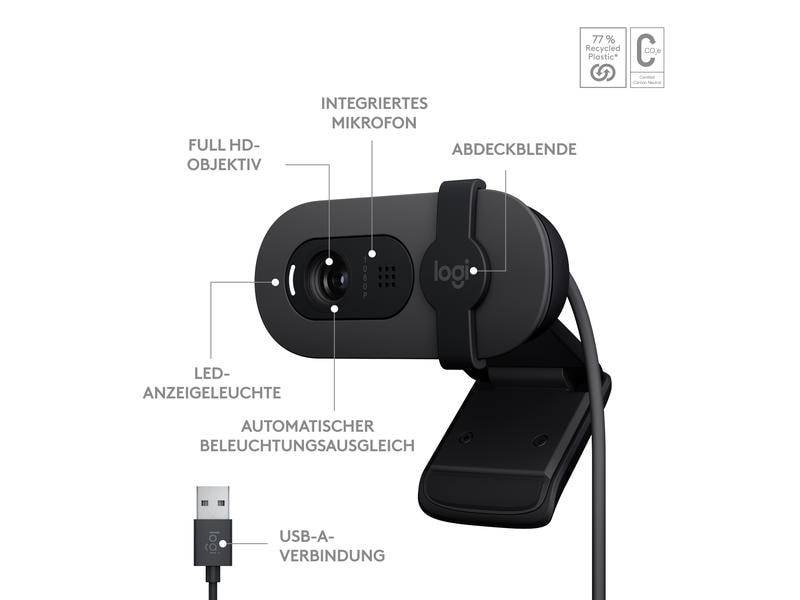 Logitech Brio 100 Graphite Full HD-Webcam mit integrierter Abdeckblende