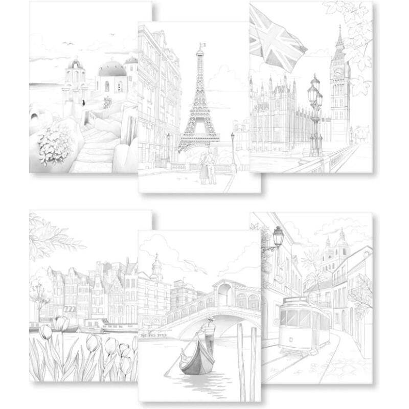 ODELIA, Bloc de coloriage multi-techniques de 20 feuilles A4 250g, Les villes