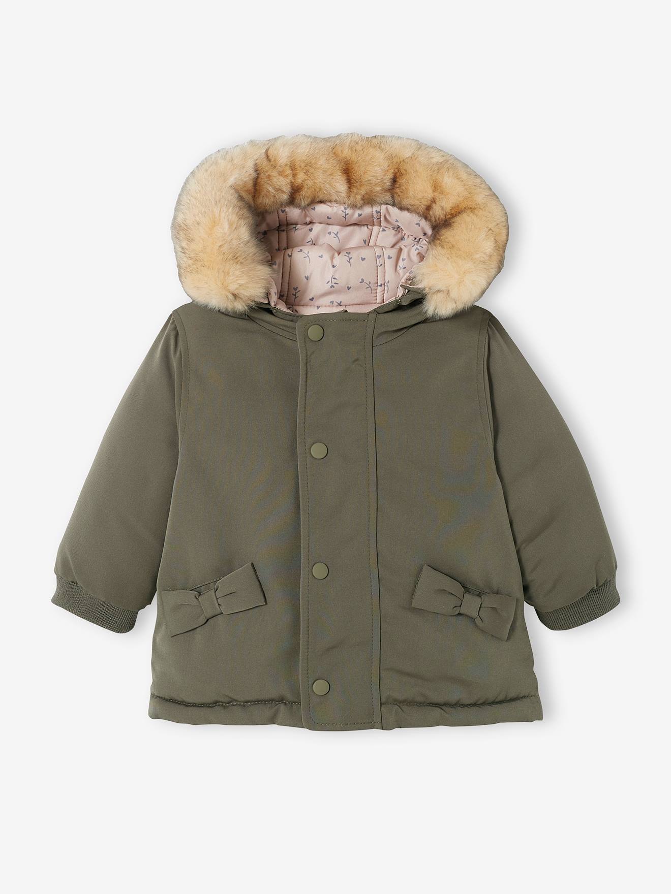 Parka reversível para bebê, com enchimento de poliéster reciclado, verde médio liso com estampas.