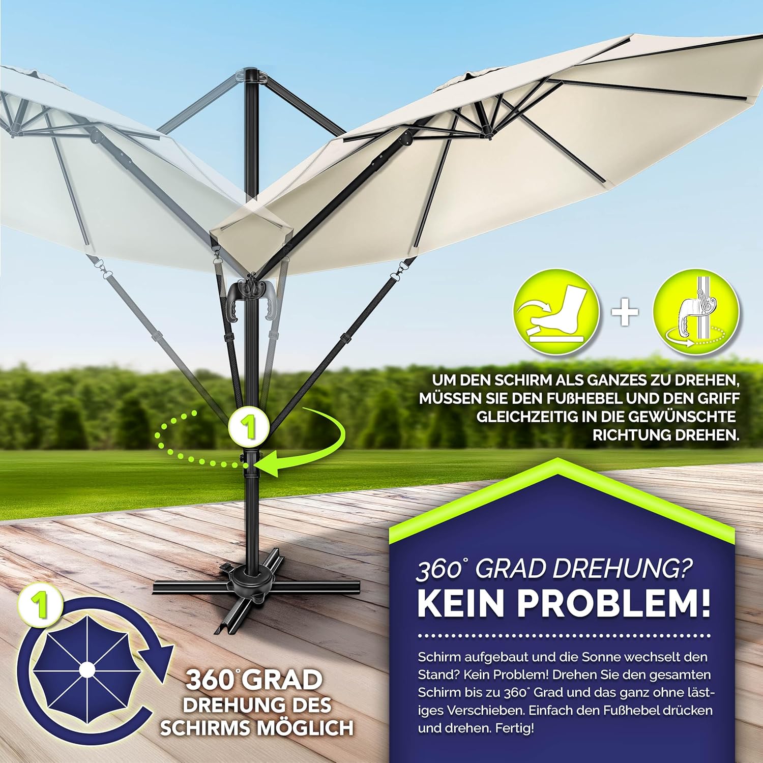 tillvex® Premium Alu Sonnenschirm 330 cm + Abdeckung & Windsicherung | Ampelschirm 6-Fach verstellbar mit Kurbel | Gartenschirm 360° Drehbar Neigbar Kippbar | UV50+ wasserdicht