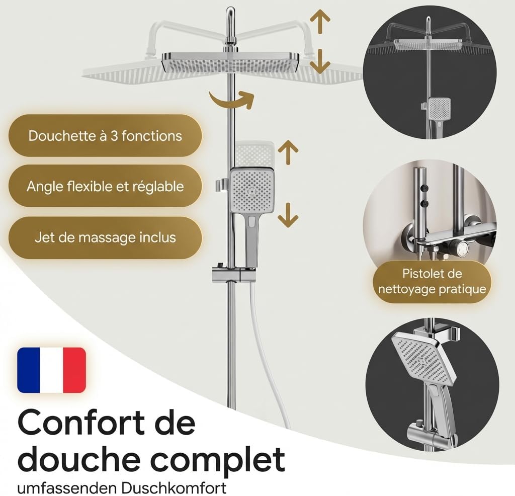 Duschsystem Komplettset für Bad & Dusche Regendusche mit 3-Funktions Handbrause | Thermostat Armatur Messing & Edelstahl Duschsäule Duschgarnitur & Duschbrause mit Ablage Anti Kalk Beschichtung chrom