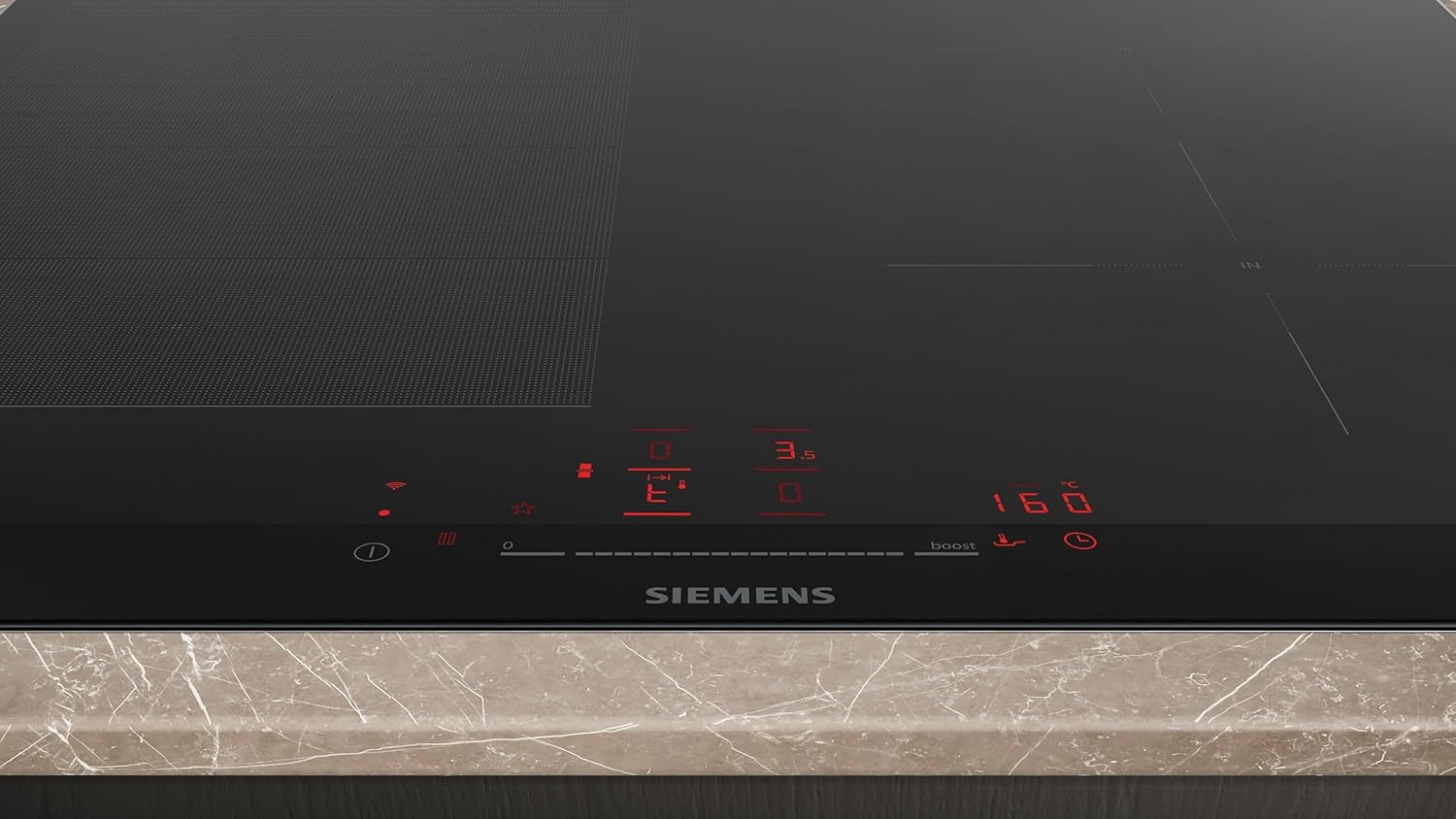 Siemens EX675HEC1E iQ700, Smartes Induktionskochfeld, 60 cm, Schwarz, Mit Rahmen aufliegend, varioInduktion, TouchSlider, Bratensensor Pro - Braten ohne Anbrenngefahr