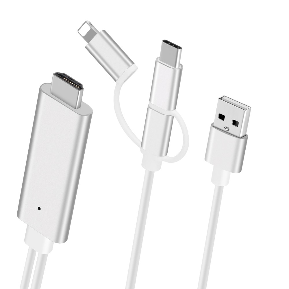 (1m) 3in1 USB C / Micro USB / Lightning auf HDMI 4K Adapter Kabel für Smartphones und Tablets - Weiss