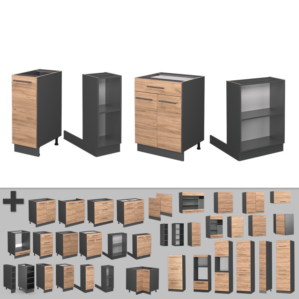 Vicco Kücheninsel Küchenblock Einbauküche Fame-Line Anthrazit Eiche Goldkraft 90 cm modern Hochglanz Küchen Schränke Apothekerunterschrank Schubunterschrank Regalinselunterschrank Softclose-Scharnier Küchenmöbel