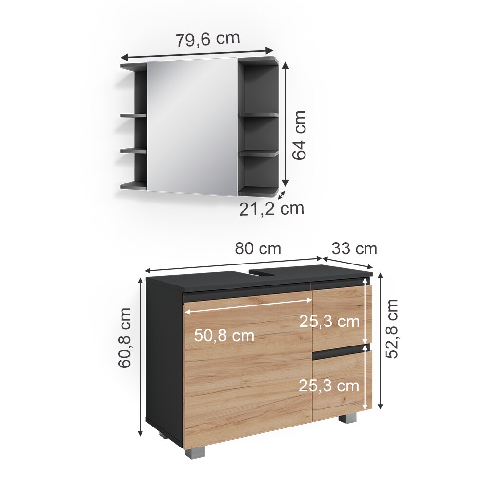 Vicco Badmöbelset J-shape Anthrazit Eiche modern Badezimmer Schrank Badschrank Waschtischunterschrank Spiegelschrank Schranktür Schrankschublade Aufbewahrung
