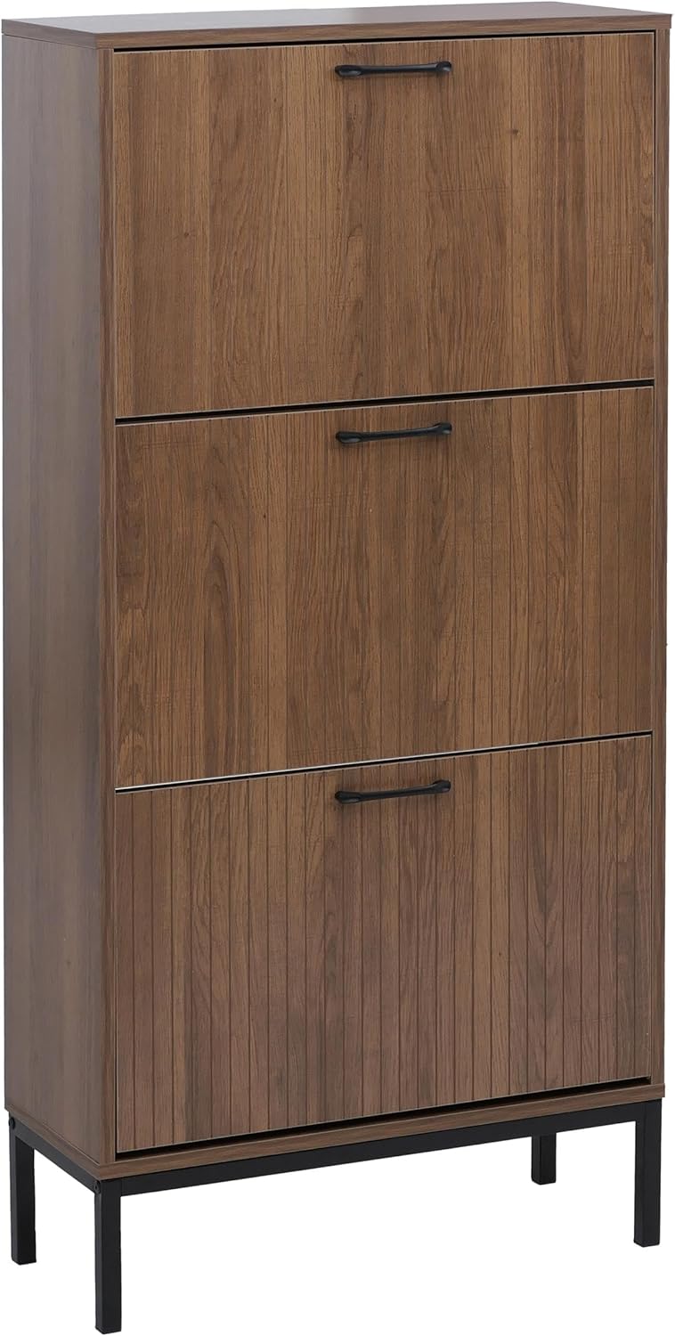 Mendler Schuhkipper HWC-P48, Schuhregal Schuhschrank, 3 Kippfächer Ablage MDF Melamin 125x60x25cm - braun