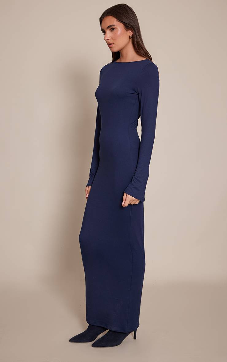 Bleu Marine Robe Maxi À Manches Longues En Jersey Doux Au Toucher