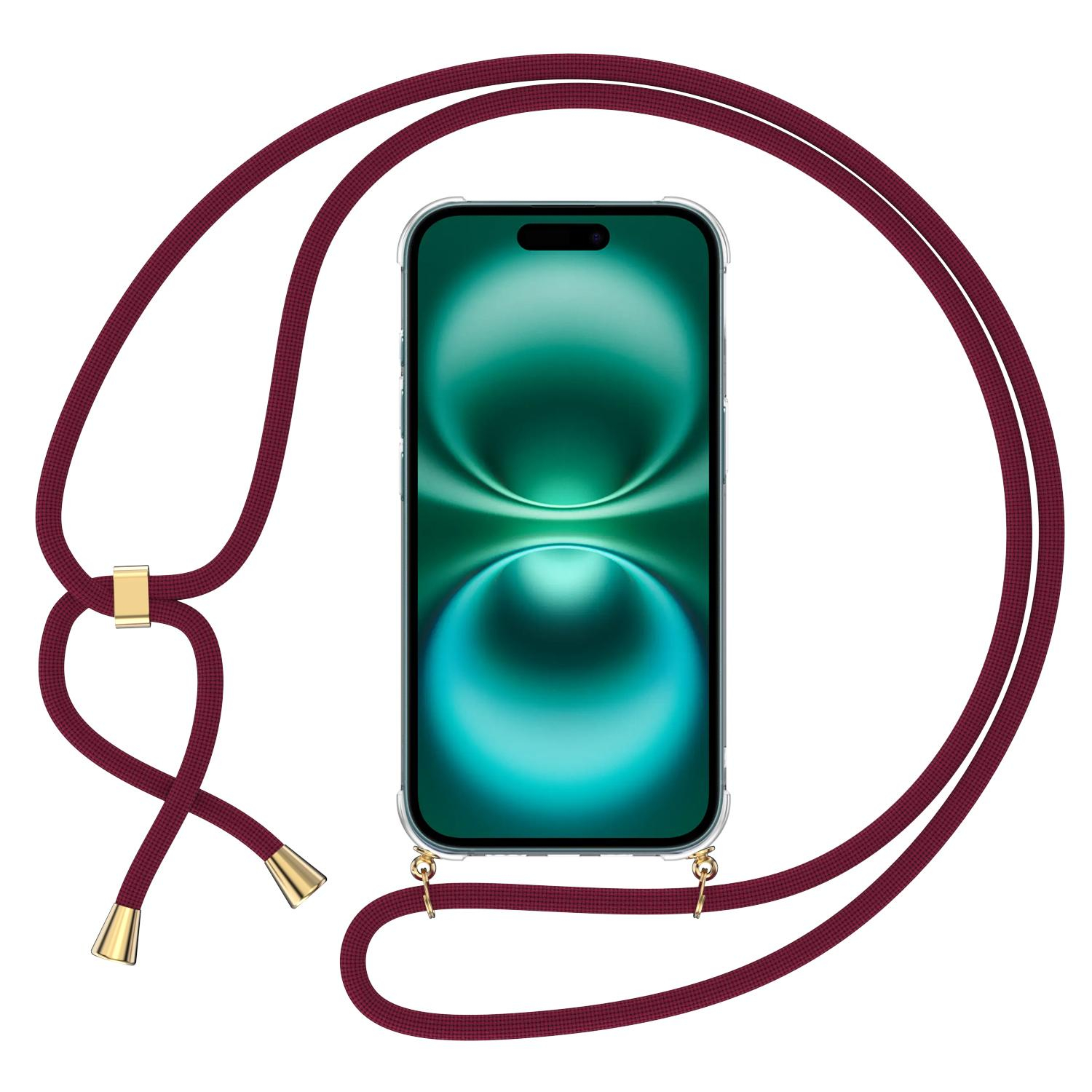 iPhone 16 Necklace Gummi Hülle Air Cushion Fallschutz   Handykette (150cm) - Dunkelrot / Gold