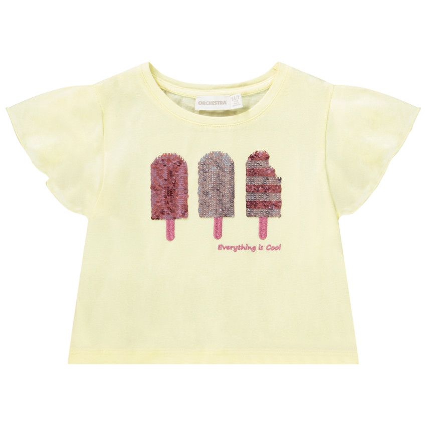 T-shirt manches courtes avec glaces en sequins magiques pour fille - Jaune