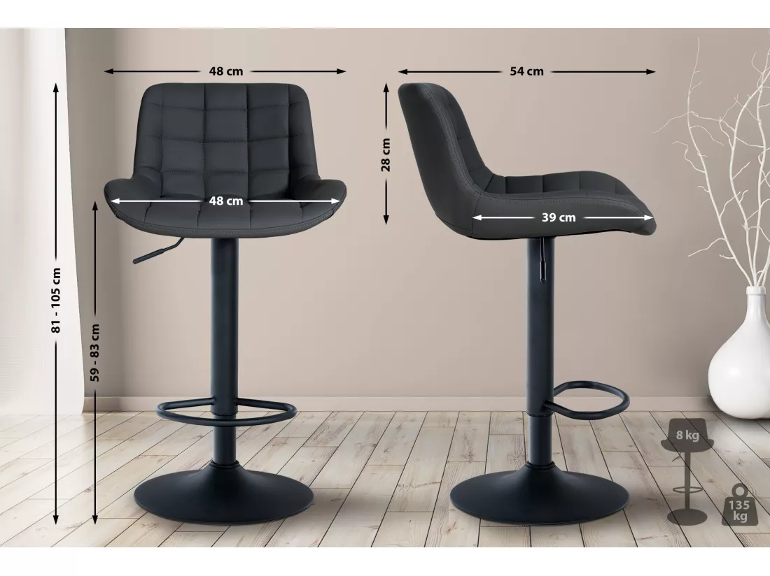 Lot de 2 Tabouret de bar - Similicuir - Noir - Tover