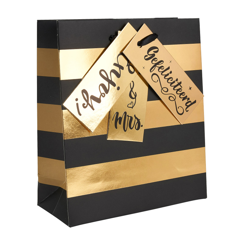 Cadeautasje zwart met goud - stripes - 18x21 cm