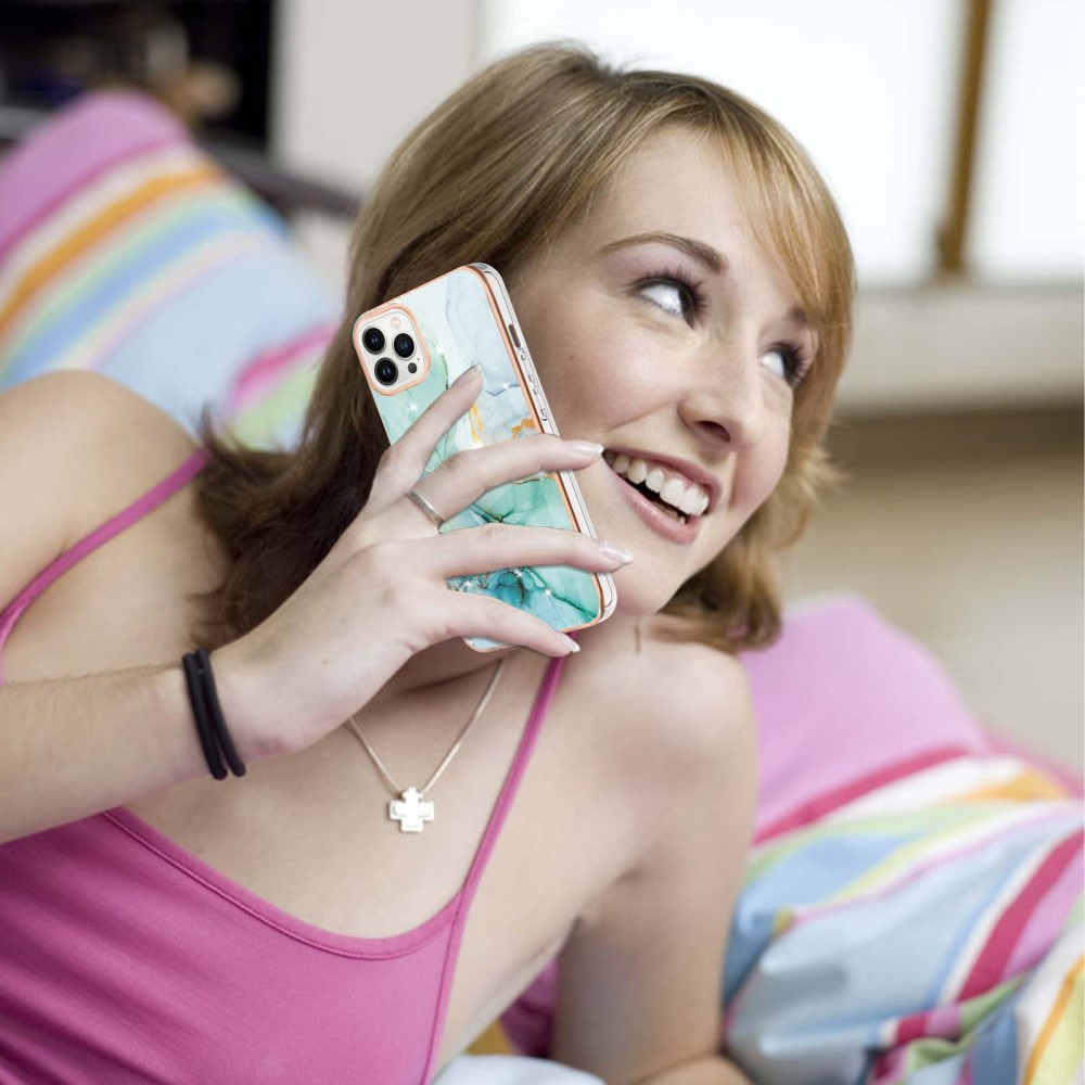 iPhone 14 Pro Gummi Case Hülle Galvanisierter Rahmen Marble Marmor Design - Türkis / Roségold