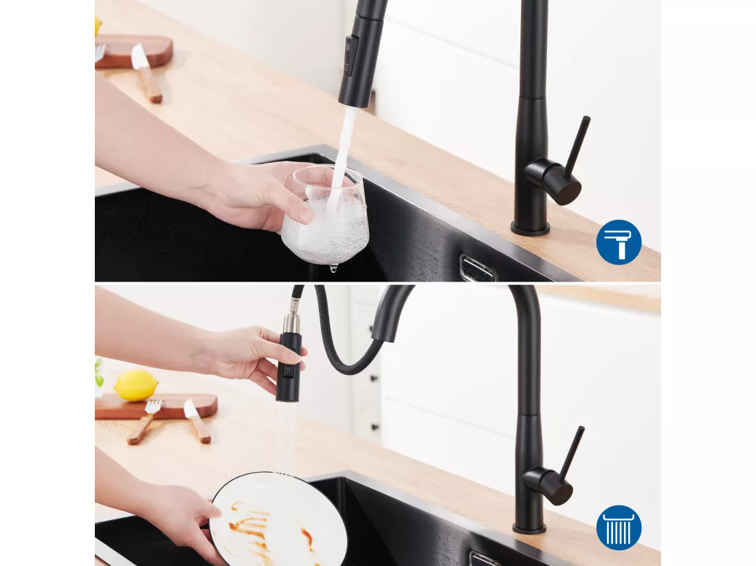 2PCS AURALUMMAX Mitigeur Cuisine,Robinet d'Évier Inox avec Douchette Extractible,2 Modes Jets Eau Froide/Chaude Rotatif 360 degré,Bec en Forme U,Noir