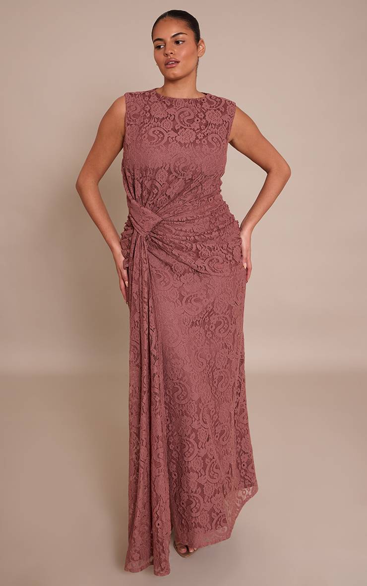 Mauve Robe Longue Grande Taille À Détails En Dentelle Et Devant Torsadé
