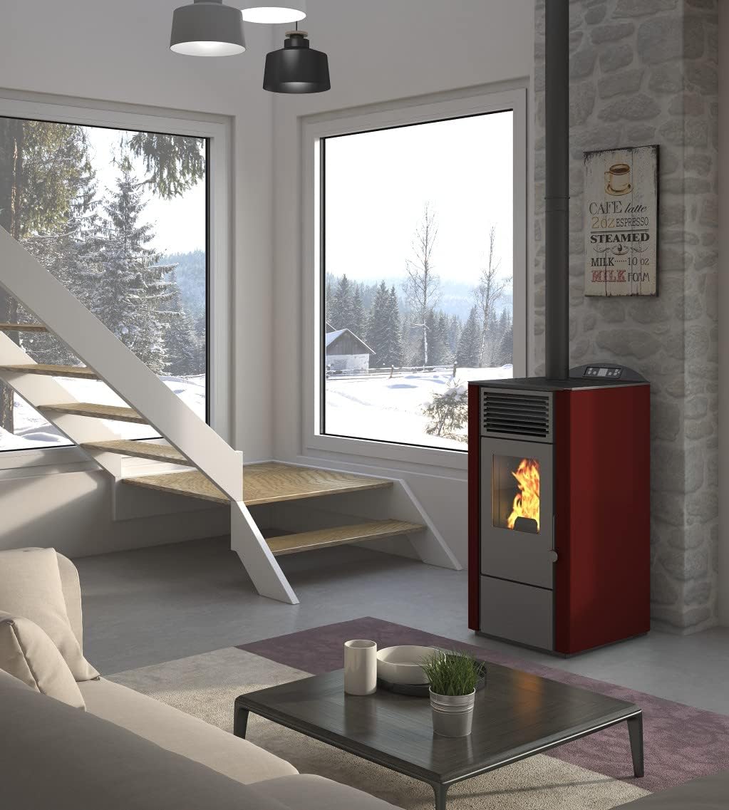 Pelletofen 9,5kW Pelletkamin Pelletheizung Kaminofen 56303 A+ Holzofen Glastür AWZ (schwarz/rot)
