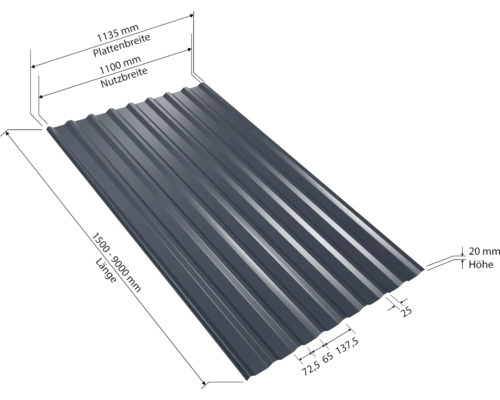 PRECIT trapeziumvormige dakbaan met anticondensvlies W20LV antracietgrijs RAL 7016 vaste breedte 1135 mm x dikte 0,5 mm (verkocht per meter van 150 tot max. 900 cm)