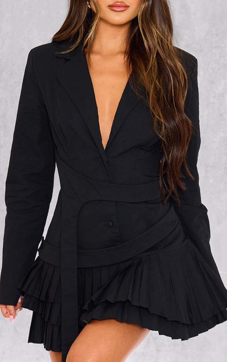 Noir Robe Blazer Ajustée En Tissu Tissé Avec Plis Et Ceinture
