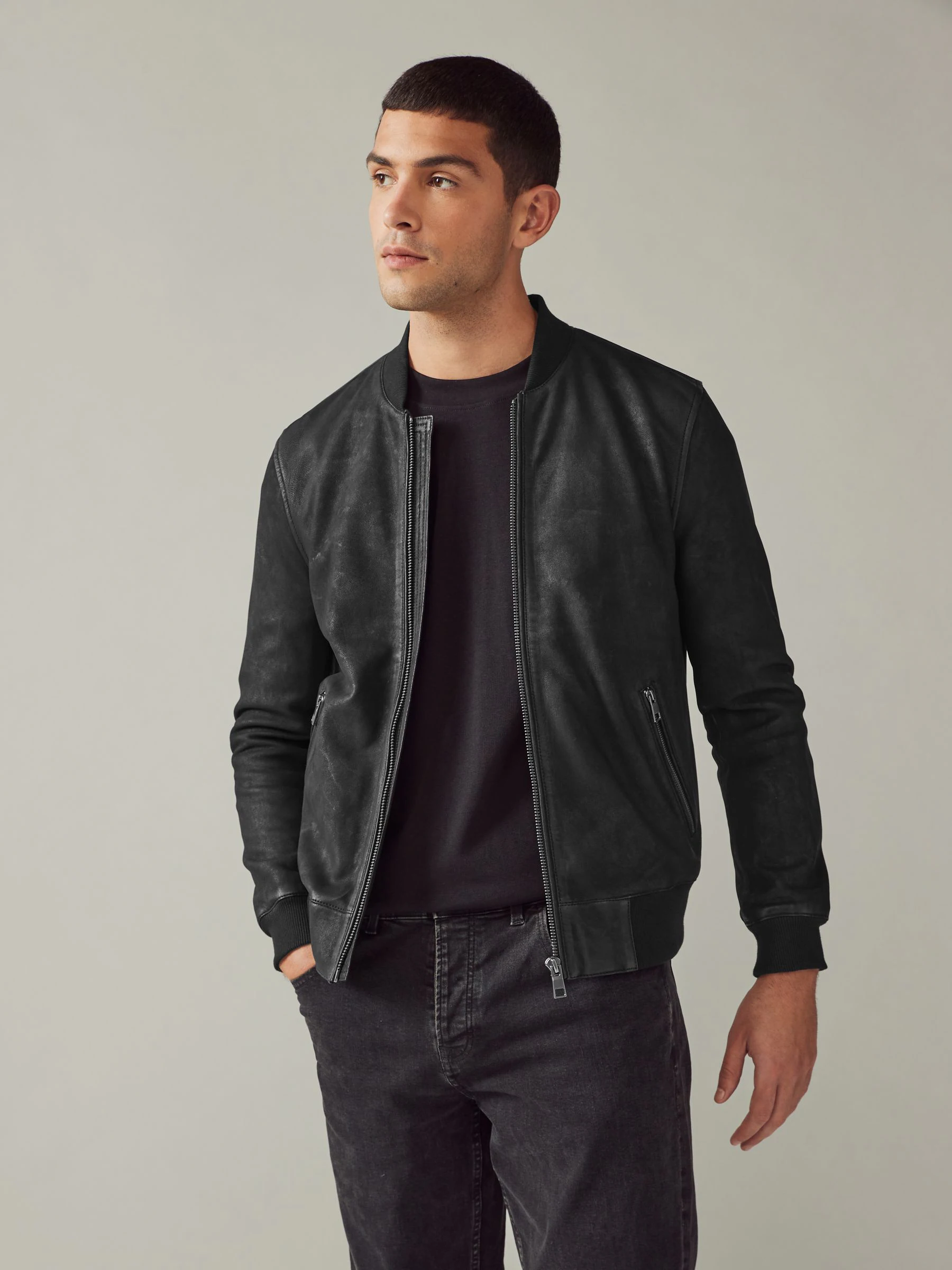 Zwart - Nubuck leren bomberjack