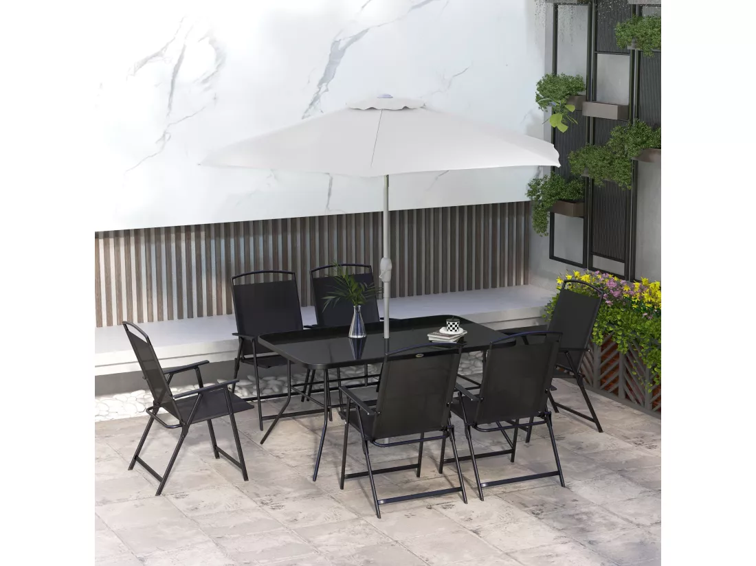 Ensemble salon de jardin 6 places 8 pièces - parasol, table, 6 chaises pliantes - métal époxy textilène polyester noir gris