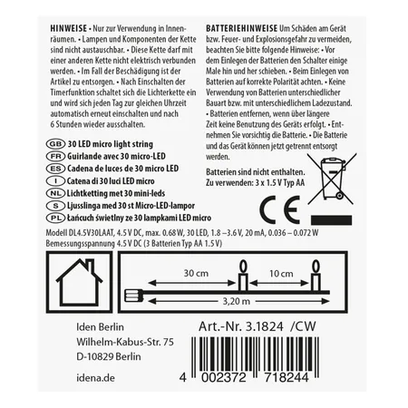 Idena 30er LED Micro-Lichterkette, warmweiß, für innen, batterieb., silberner Draht, Timer