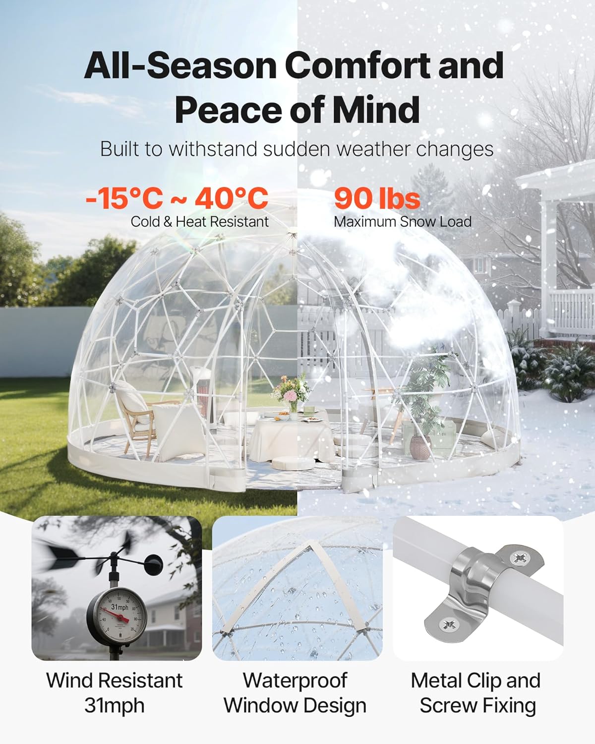 VEVOR Gartenkuppel, 4,57x2,9 m großes transparentes Blasenzelt für 10–14 Personen, geodätisches Kuppelgewächshaus mit Fenster, PVC-Zelt für Hinterhof, Terrasse, Camping, Party, Hochzeit
