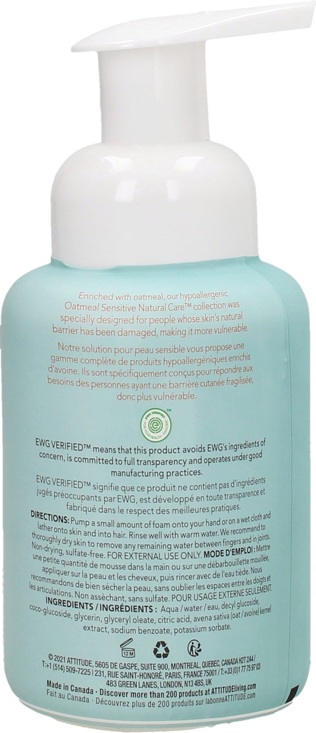 ATTITUDE  Oatmeal Sensitive Baby Hair & Body Foaming Wash, 250 ml