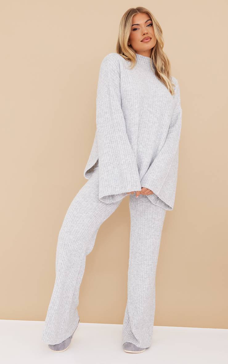 Gris Pantalon Large En Maille Côtelée Luxe