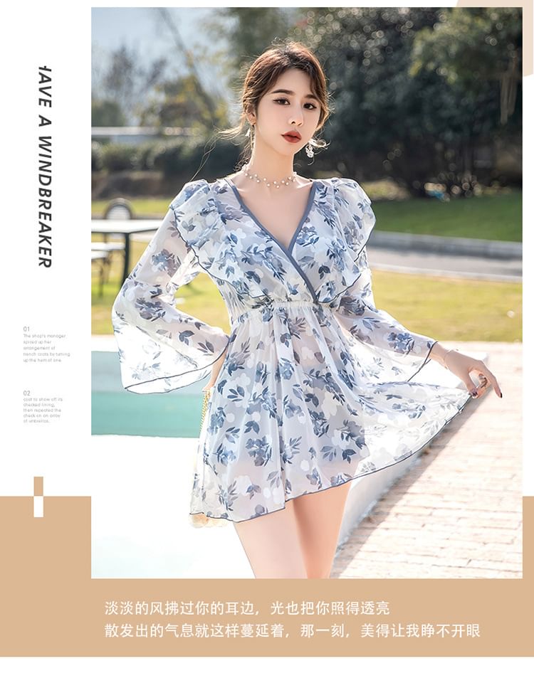 Moonrise badkleding - Set: effen tankinitop + zwemshort + cover-up met bladprint