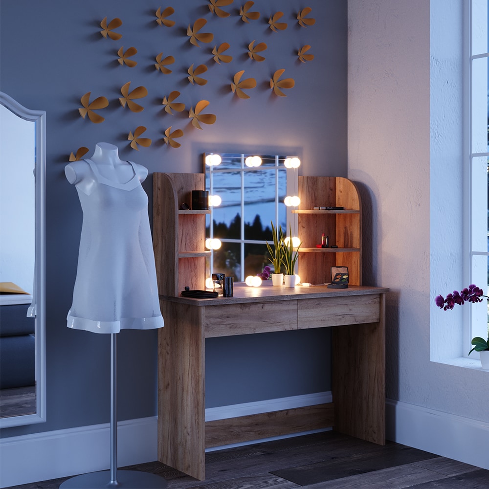 VICCO LED Schminktisch CHARLOTTE Frisiertisch Kommode Kosmetiktisch Eiche