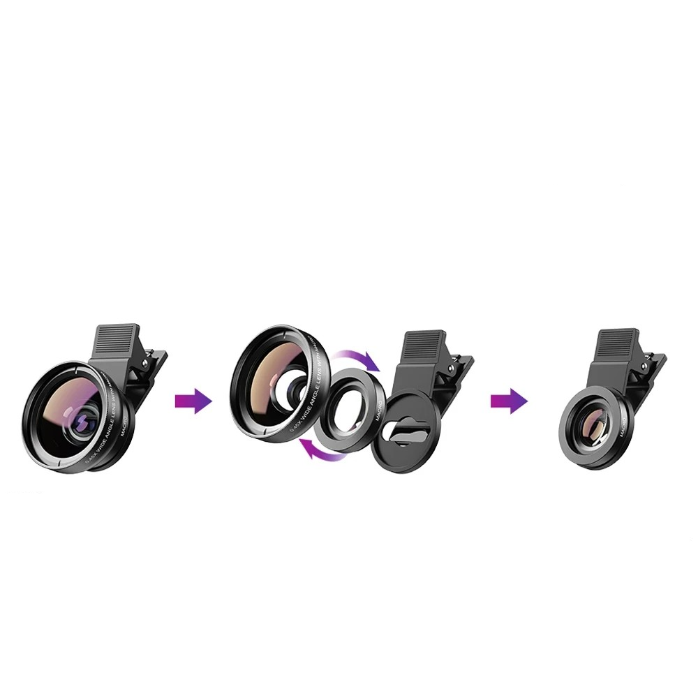 2in1 Kamera Teleobjektiv mit Clip (140° Weitwinkel / 12.5x Makro)   Aufbewahrungstasche - Schwarz